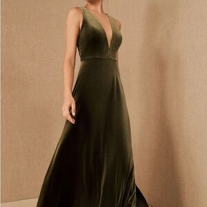 Jenny Yoo Logan Deep-V Velvet Column Gown - Olive